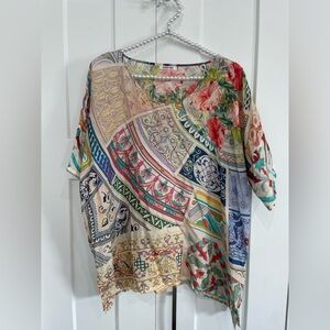 Johnny Was Silk Floral Paisley Patchwork Short Sleeve Shirt Size XS